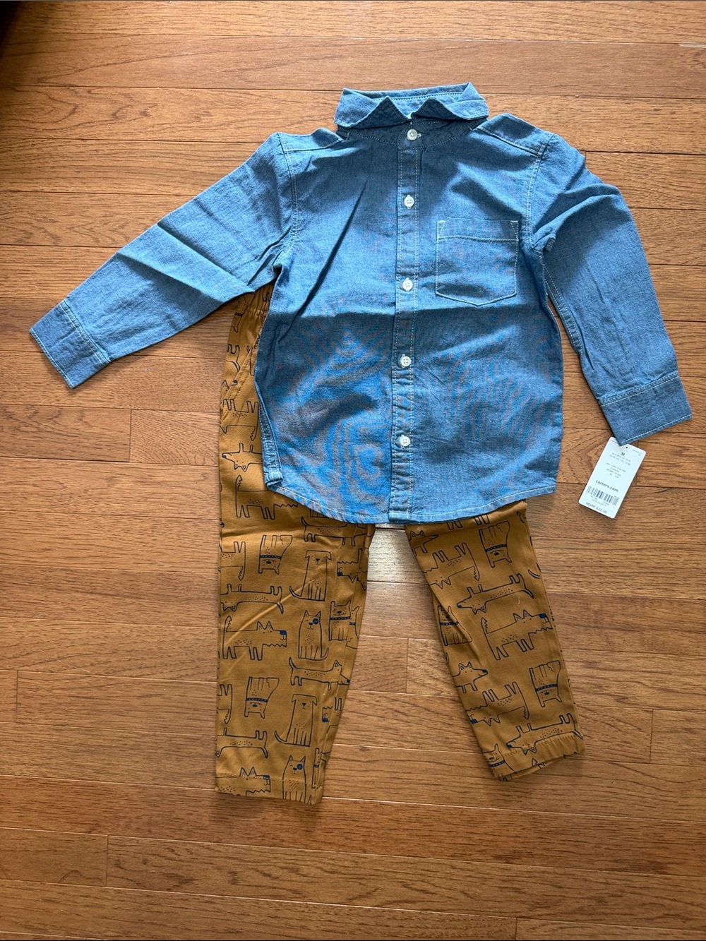 Carter's Blue Button-Up Shirt and Mustard Cat Print Pants Kids Matching Set
